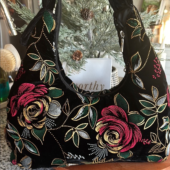 Floral Beaded Black Velvet Bag - Picture 2 of 9